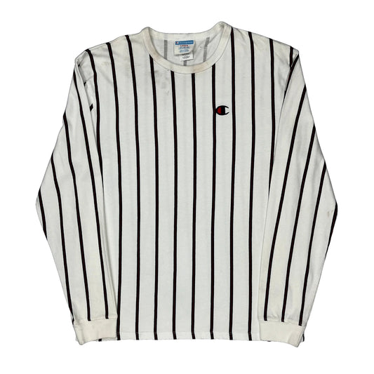 Champion Striped Long Sleeve T-Shirt - Large White Cotton