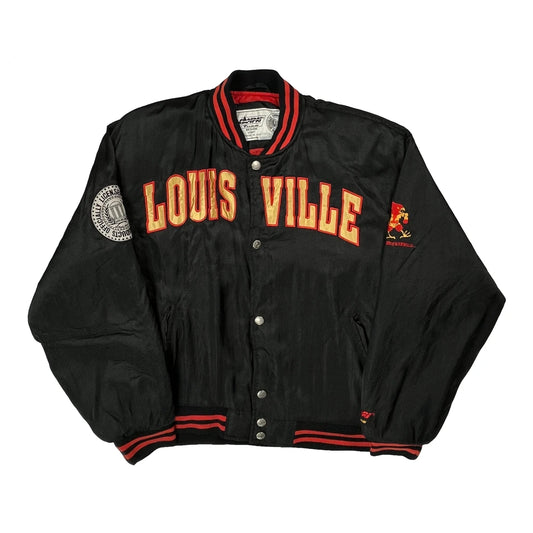 90S Louisville Campri College Satin Varsity Jacket - Large Black Polyester