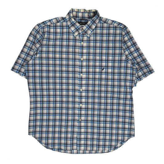 Nautica Checked Short Sleeve Shirt - XL Blue Cotton