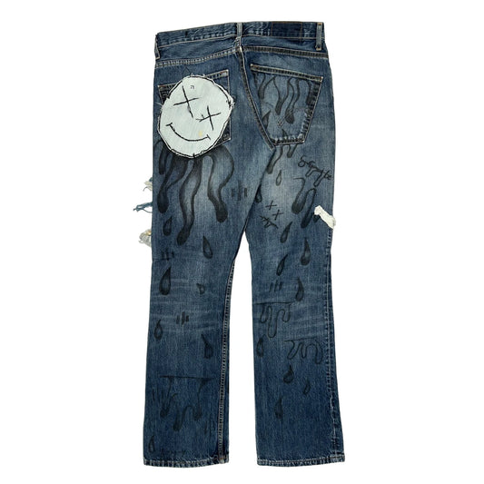 Vintage Smiley Face Patch Unbranded Custom Patched Jeans - 32W 33L Blue Denim