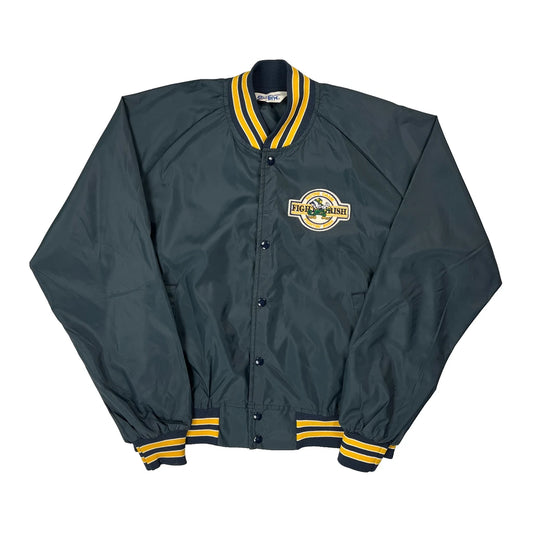 90S Made In USA Fightin' Irish Chalk Line Satin Varsity Jacket - XL Green Nylon