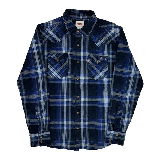 Levis Checked Flannel Shirt - Small Blue Cotton
