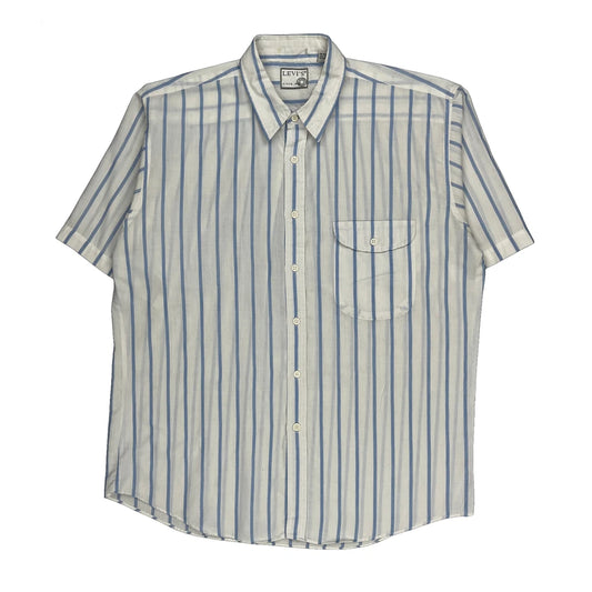80S/90S Levis Striped Short Sleeve Shirt - Large White Polyester Blend