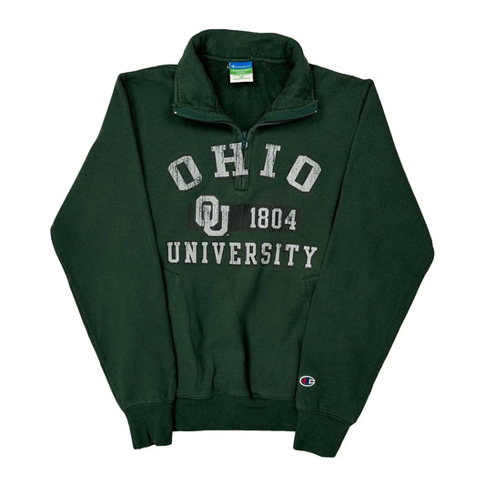 Vintage Champion College 1/4 Zip - XS Green Cotton Blend