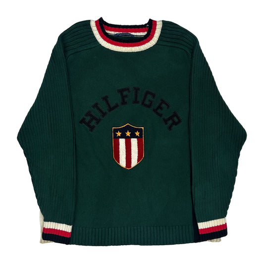 Shield Emblem With Stars Tommy Hilfiger Spellout Jumper - XL Green Cotton