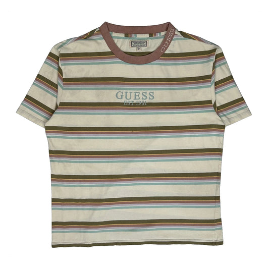 Vintage Guess Striped T-Shirt - Medium Cream Cotton