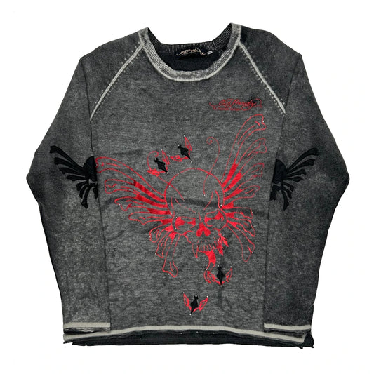 Skull And Wings Design Ed Hardy Graphic Jumper - XL Grey Cotton