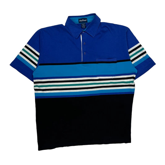 Vintage Par Four Striped Polo Shirt - Medium Blue Cotton