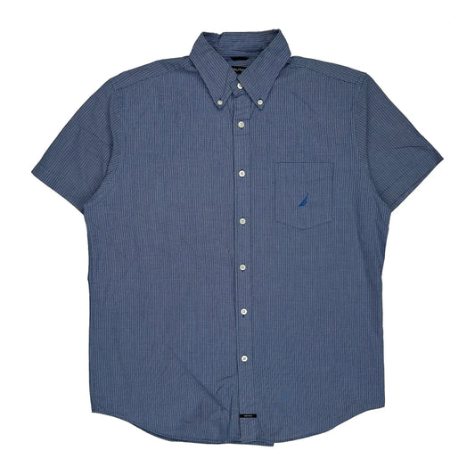 Nautica Checked Short Sleeve Shirt - Large Blue Cotton
