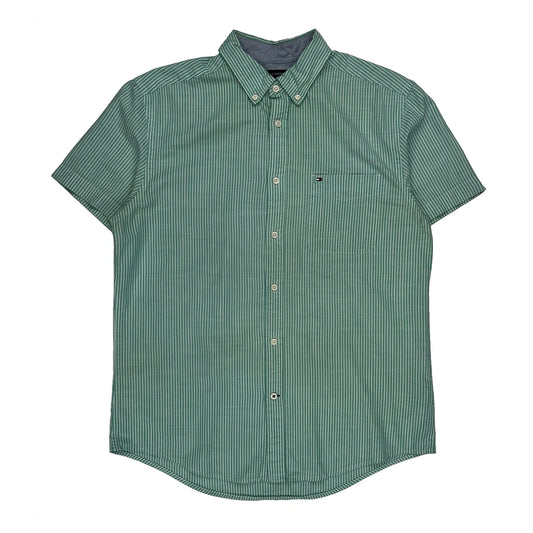 Tommy Hilfiger Striped Short Sleeve Shirt - Large Green Cotton