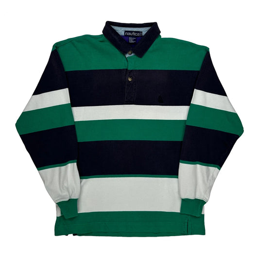 Vintage Nautica Striped Long Sleeve Polo Shirt - Medium Green Cotton