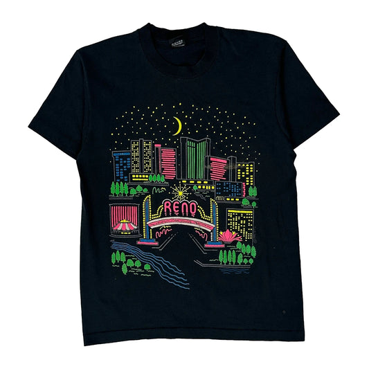 Vintage Reno Skyline Graphic Screen Stars T-Shirt - Large Black Cotton Blend