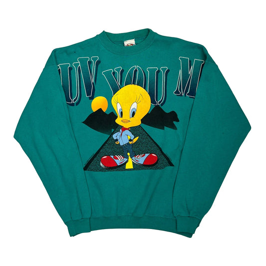 Vintage Tweety Bird Looney Tunes Cartoon Sweatshirt - Large Green Cotton