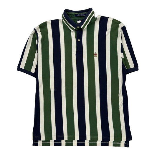90s Tommy Hilfiger Striped Polo Shirt - Large Green Cotton