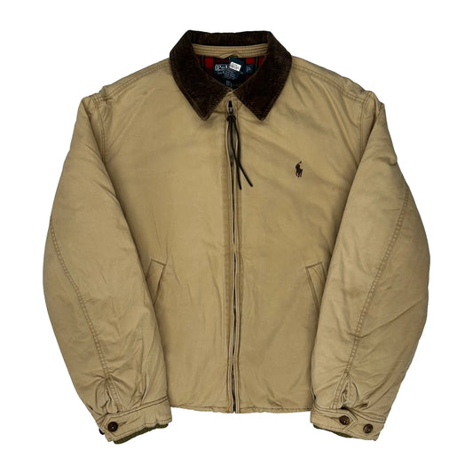 Polo By Ralph Lauren Padded Flannel Lined Harrington Jacket - Large Beige Cotton