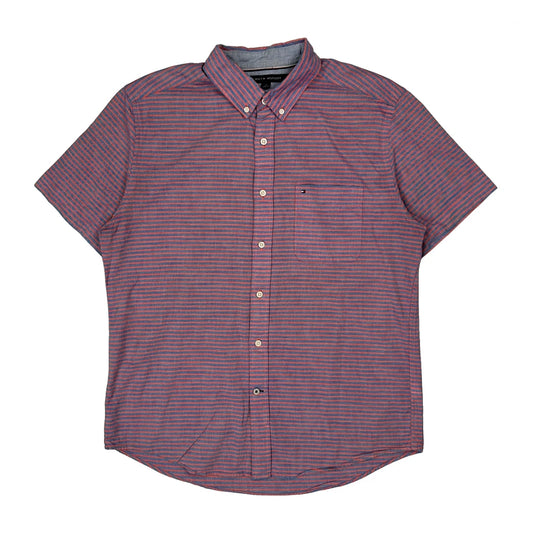Tommy Hilfiger Striped Short Sleeve Shirt - Large Red Cotton