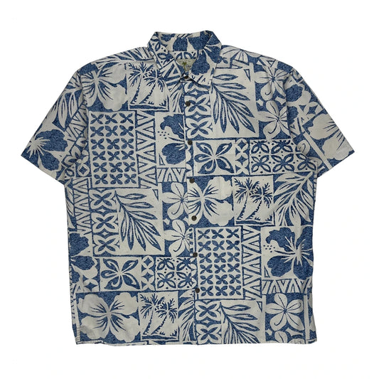 Island Shores Floral Hawaiian Shirt - Large Blue Cotton
