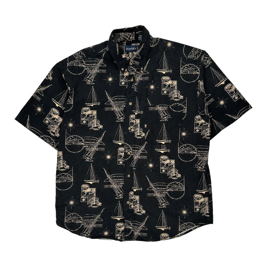 Nautical Print Puritan Graphic Hawaiian Shirt - Large Black Cotton