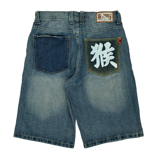 Drunknmunky Graphic Denim Shorts - 34W 14L Blue Cotton