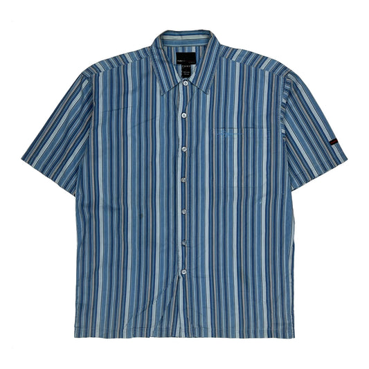 Fubu Striped Short Sleeve Shirt - Large Blue Cotton