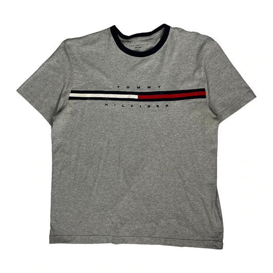 Vintage Tommy Hilfiger Striped T-Shirt - Large Grey Cotton