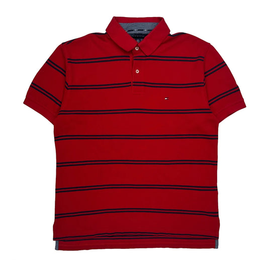 Tommy Hilfiger Striped Polo Shirt - Large Red Cotton