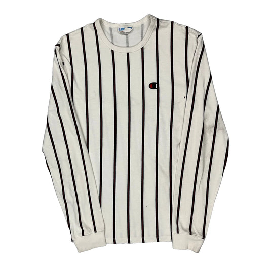 Champion Striped Long Sleeve T-Shirt - Small White Cotton