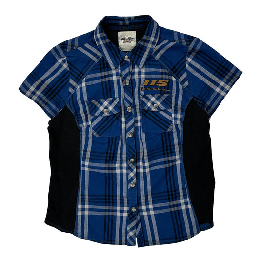 Vintage 115Th Anniversary Harley Davidson Checked Short Sleeve Shirt - Large Blue Cotton