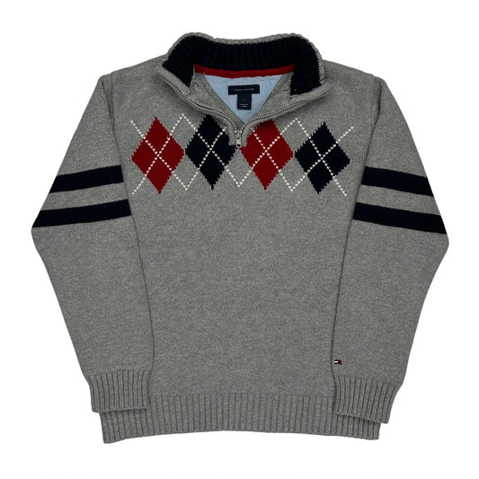 Age 7 Tommy Hilfiger Argyle 1/4 Zip - Medium Grey Cotton