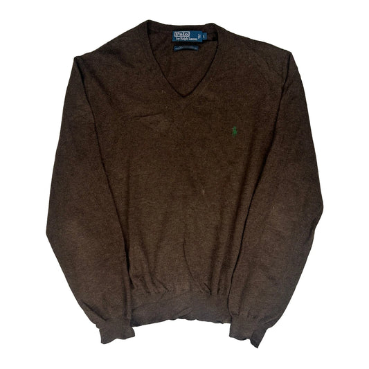 Polo By Ralph Lauren V-Neck Jumper - Large Brown Merino Wool
