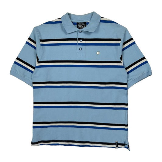 Southpole Striped Y2K Polo Shirt - Large Blue Cotton
