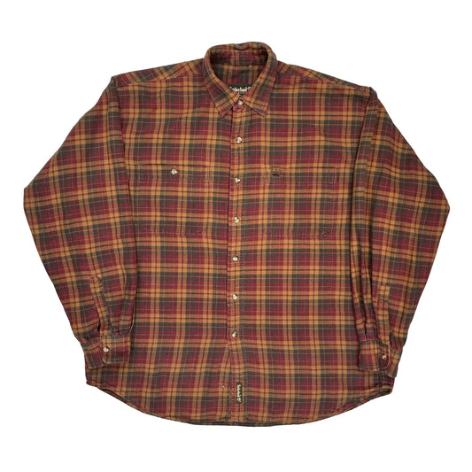Timberland Checked Flannel Shirt - Large Burgundy Cotton