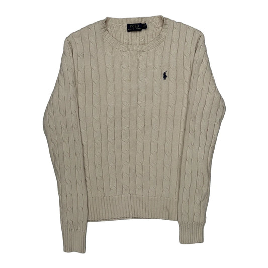Vintage Cable Knit Polo By Ralph Lauren Jumper - Medium Beige Cotton