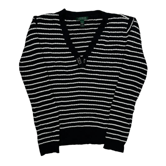 Vintage Cable Knit Ralph Lauren Striped Jumper - Large Black Cotton