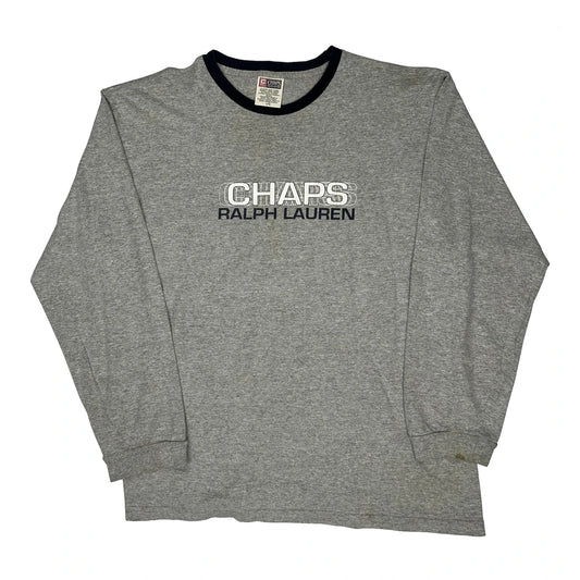 Chaps Ralph Lauren Spellout Long Sleeve T-Shirt - Large Grey Cotton