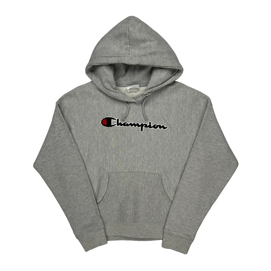 Vintage Champion Spellout Hoodie - Medium Grey Cotton
