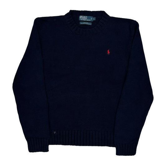Vintage Polo By Ralph Lauren Chunky Knit Jumper - Large Navy Cotton