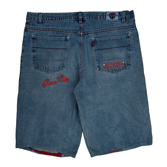 Inner City Creative Choms Graphic Denim Shorts - 40W 11L Blue Cotton