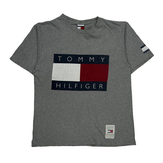 Vintage Made In USA Tommy Hilfiger Spellout T-Shirt - XL Grey Cotton
