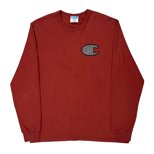 Champion Long Sleeve T-Shirt - Large Red Cotton