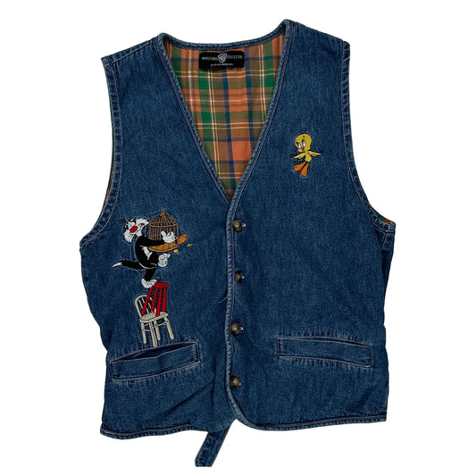 Tweety Bird Warner Bros Cartoon Denim Gilet - XS Blue Denim