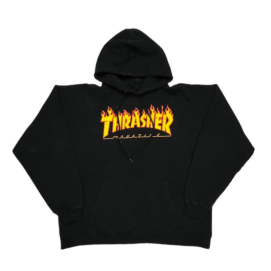 Vintage Flame Logo Thrasher Graphic Hoodie - Large Black Cotton