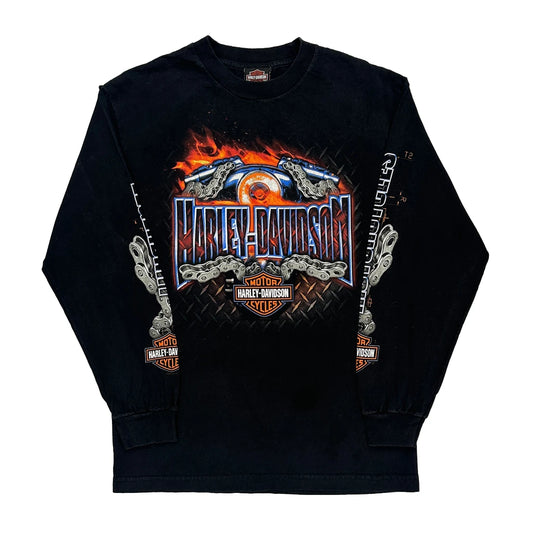 Rubber City Harley Davidson Graphic Long Sleeve T-Shirt - Medium Black Cotton