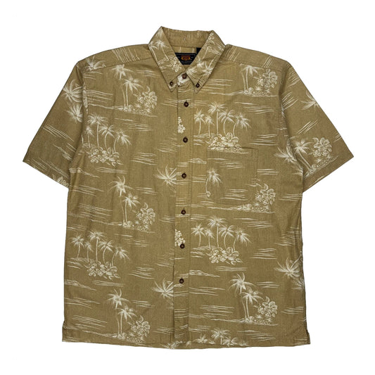Route 66 Floral Hawaiian Shirt - Large Beige Cotton