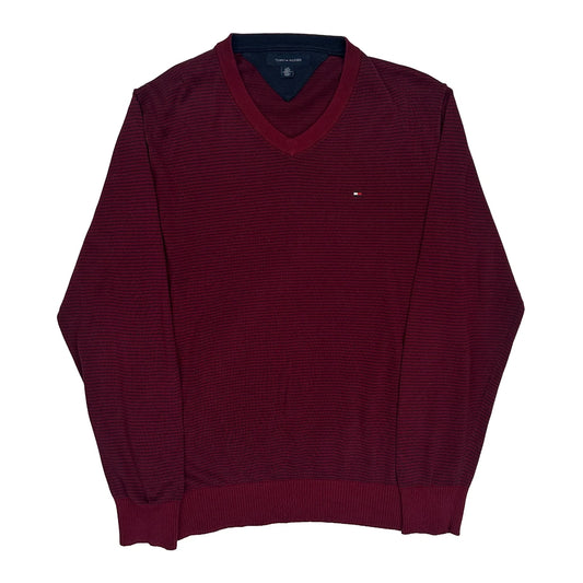 Tommy Hilfiger Striped Jumper - Large Burgundy Cotton