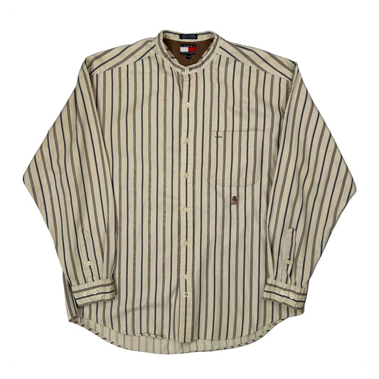 Tommy Hilfiger Striped Collarless Shirt - Large Beige Cotton