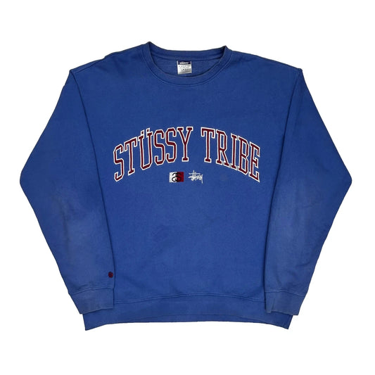 Vintage Stussy Tribe Stussy Spellout Sweatshirt - Large Blue Cotton