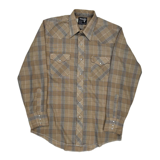 Wrangler Checked Pearl Snap Shirt - Large Beige Cotton Blend