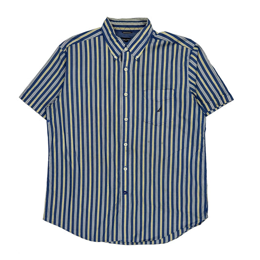 Nautica Striped Short Sleeve Shirt - Large Yellow Cotton
