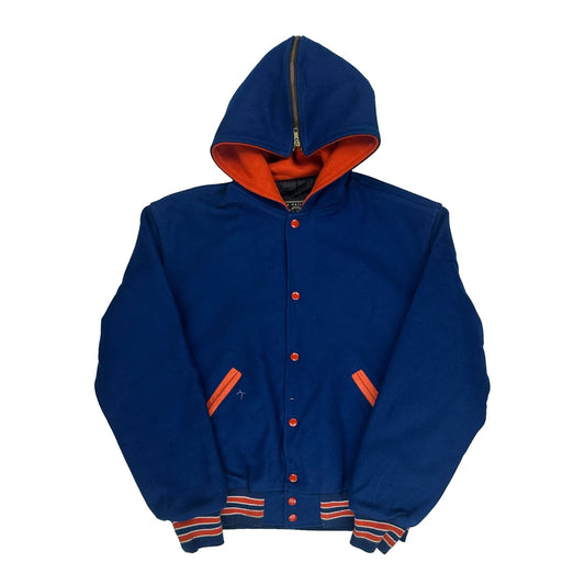 Letter F On Back Holloway College Varsity Jacket - Medium Blue Wool Blend